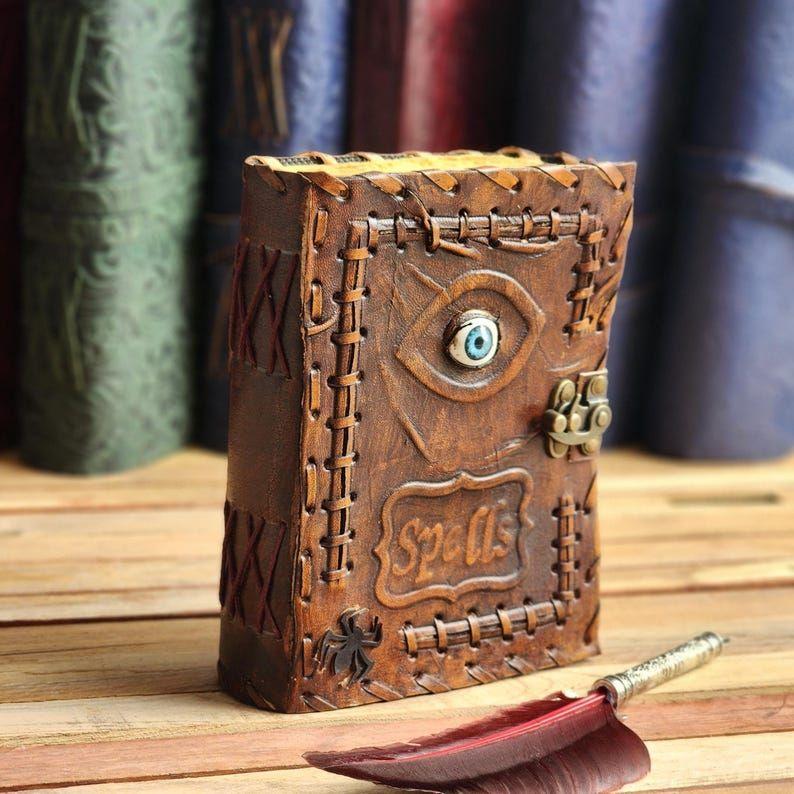 Leather Spellbook Book Of Shadows, Best Halloween Theme Gift, 200 Writing Pages,  Notebook with Evil Eye, Gothic Horror Grimoire,