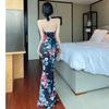 new sexy hollowed-out neck-hanging cheongsam showing thin high waist retro printing temperament long dress summer