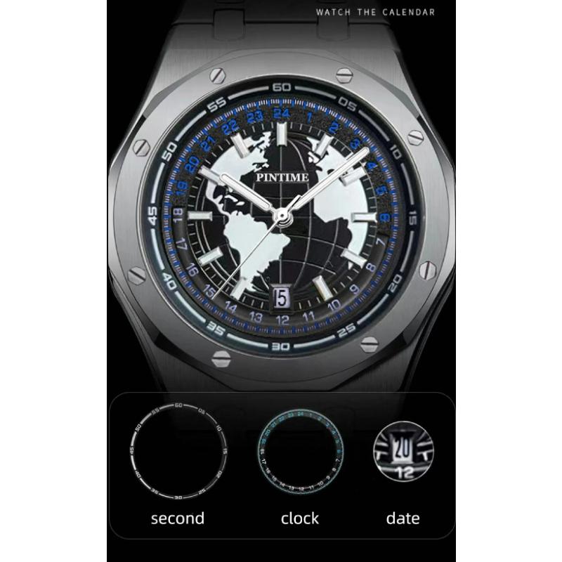 PINTIME Earth Style Men's Watches Stainless Steel Blue Planet Quartz Wristwatch for Man Luminous Waterproof Date