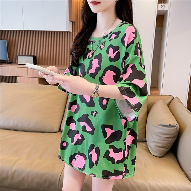 Korean Leopard Print Oversized Long T-shirts Fashion Large Size T-shirt Summer Women Green Y2k Tops Harajuku Hip Hop Streetwear