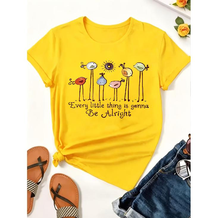 Everything Will Be Alright Cartoon Bird Print Round Neck Women Fashion Short Sleeve T Shirt 0XL жёлтый