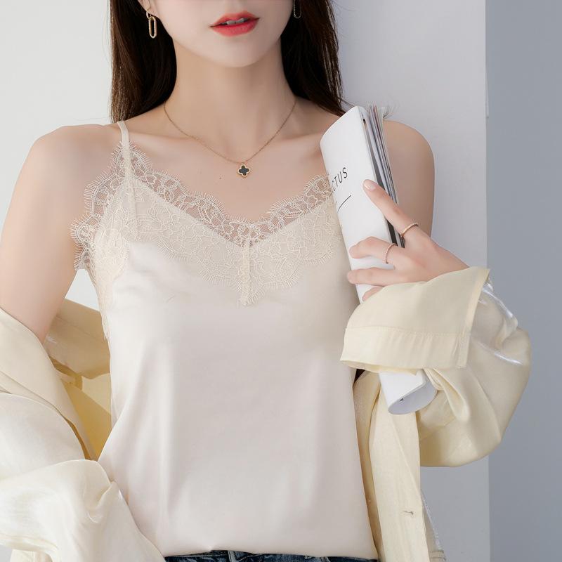 Summer Versatile Satin Interior Tops with Lace Solid Color Women’s Camis & Tank Tops