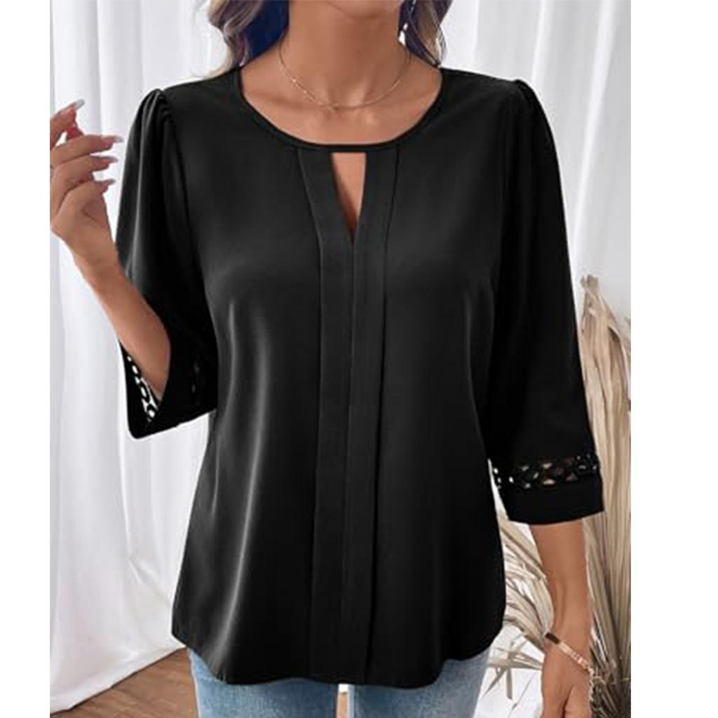 Women's Fashionable Casual Elegant Hollow Out Sleeve Lace Color Seven Quarter Sleeve Top