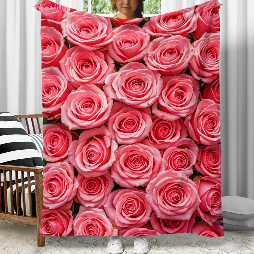 pc Pink roses full pattern romantic floral flannel blanket love gift bedroom decoration cozy soft blanket for women girls