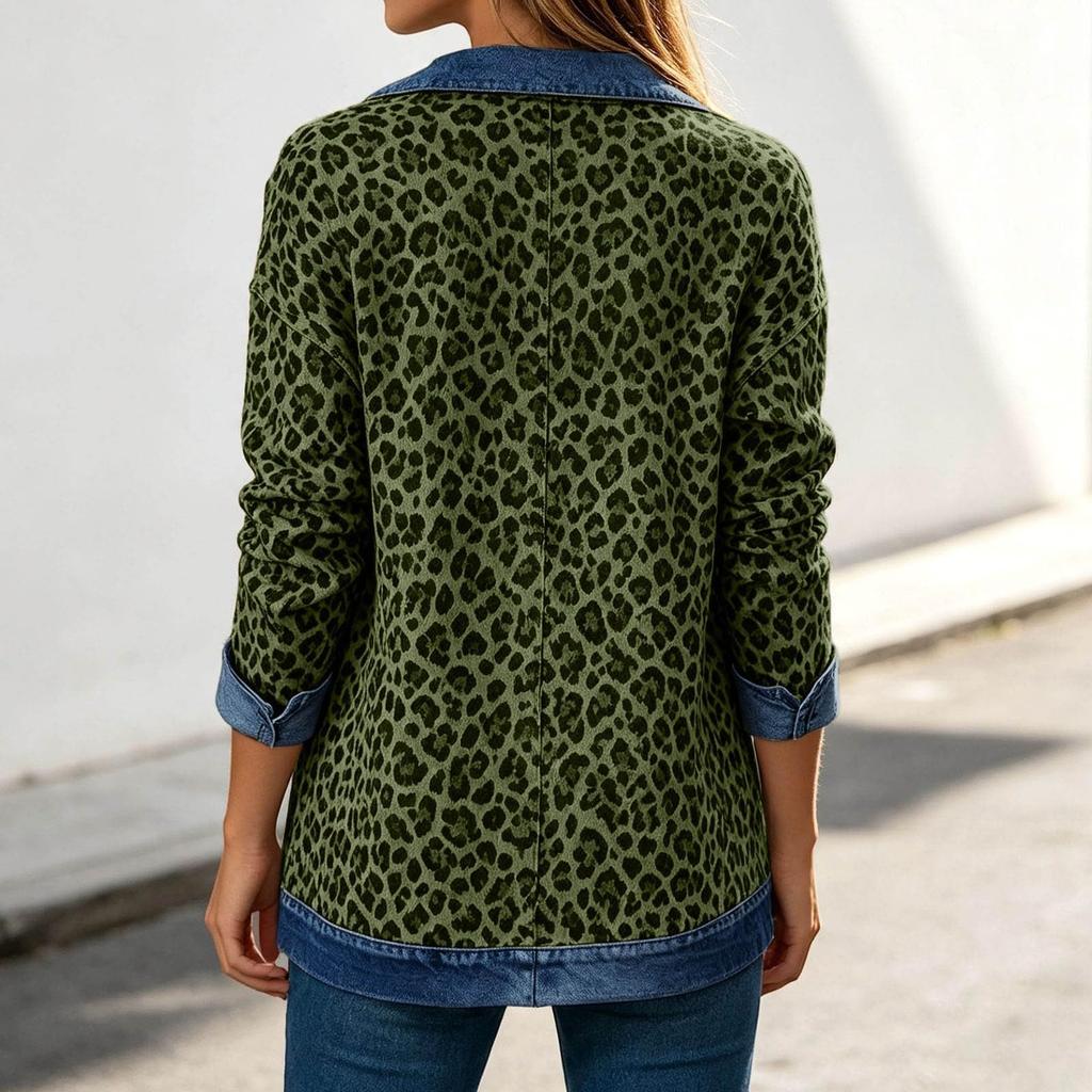Women's Casual Real Denim Jacket with Leopard Print Patchwork Design for Daily Wear