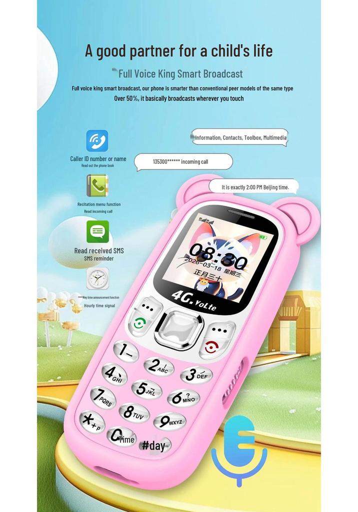 Universal 4G/5G Kids Mini Cartoon Phone with GPS, Anti-Internet Addiction, Elderly Mode, and Bear Paw Silicone Case