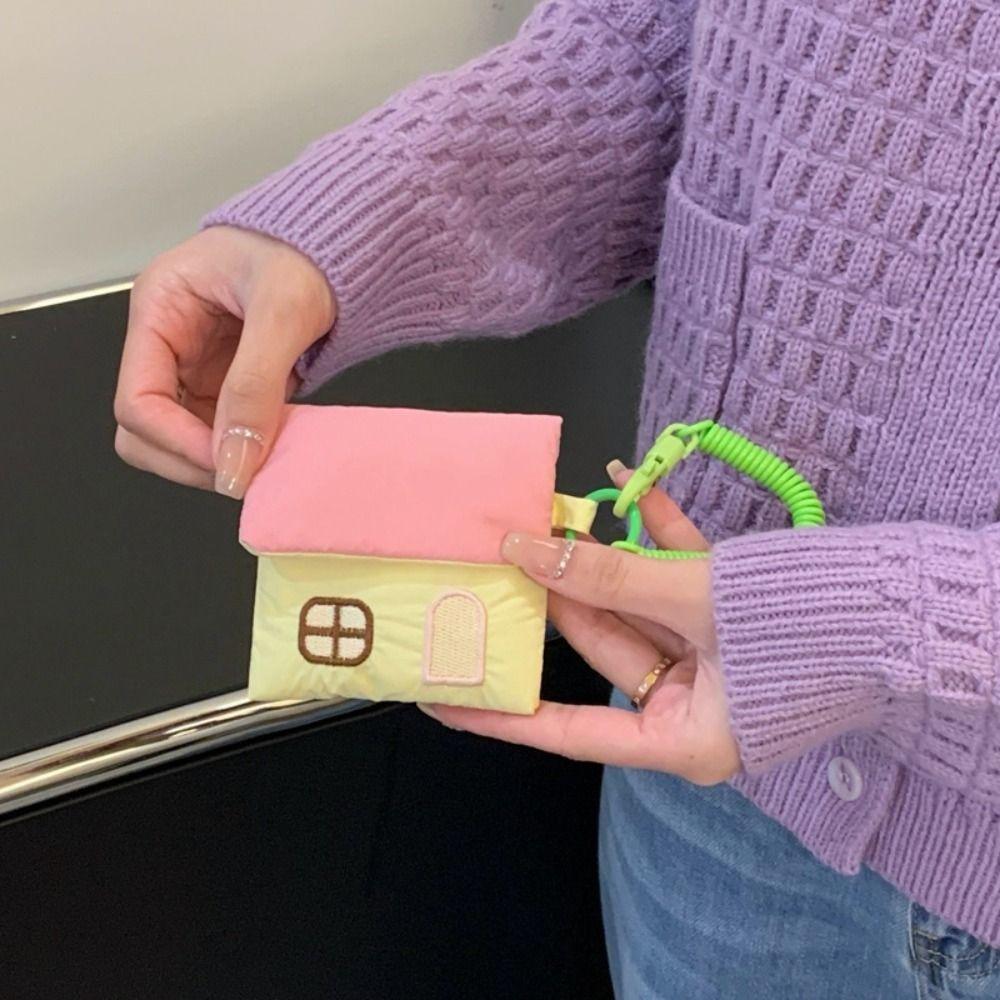 Storage Bag Cotton Filling Earphone Bag Cartoon House Coin Pouch Keychain  Small Item Storage