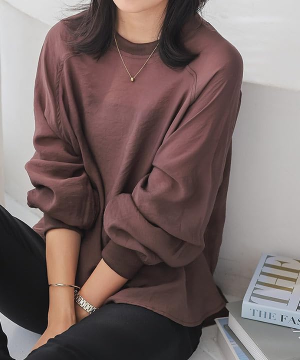 Kobe Lettuce Sheer Fabric Round Long Sleeve Office Wear Size Beige T-Shirt, Fall/Winter, See-Through, Simple, [C7297], M,