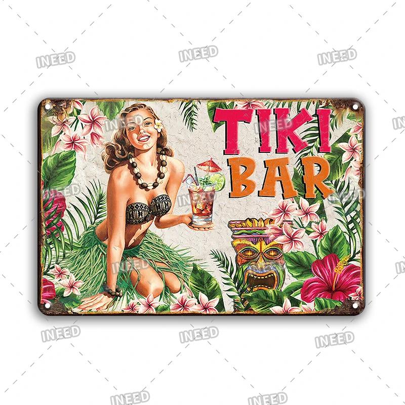 Funny Aloha Tiki Bar Tin Sign, Vintage Beach Bar, Pub Art, Wall Decor, Metal Plate, Retro Hawaii Beauty, Iron Painting Signs