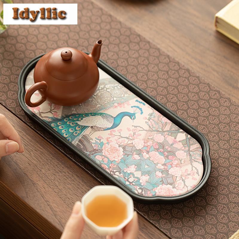 National Style Begonia Peacock Tea Tray Dried Fruit Plate Coffee Storage Board Teapot Stove Insulation Dishes For Serving Craft