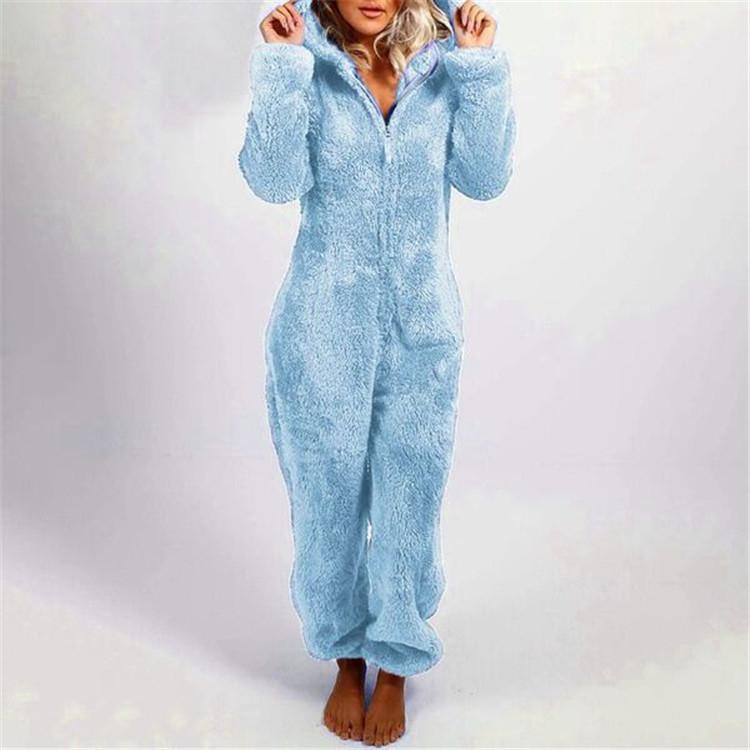 Herbst/Winter Damen-Pyjama in reiner Farbe und samtig, dick, warm, pelzig, Overall mit Kapuze