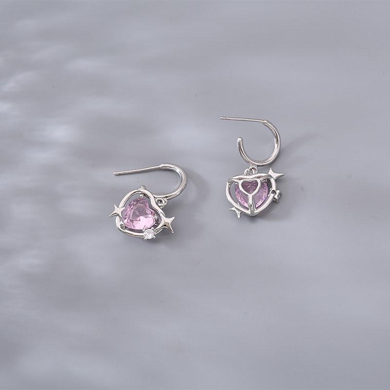 ANENJERY Korean Pink Heart Pendant Earrings Fashion Shiny Circle Earrings Couple Jewelry Gift Wholesale