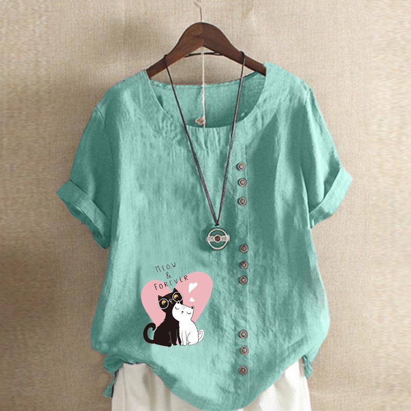 Women's Fashion Couple Cat Prined Short Sleeve T-shirt Loose Cotton Shirt Casual Loose Summer Blouse Tops Plus Size