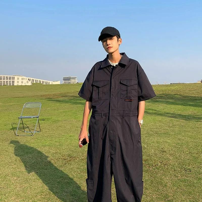 Street Overalls One-piece Men's Trendy Brand Hip-hop Short-sleeved Jumpsuit Suit Wide-leg Pants Straight-leg All-in-one Pants