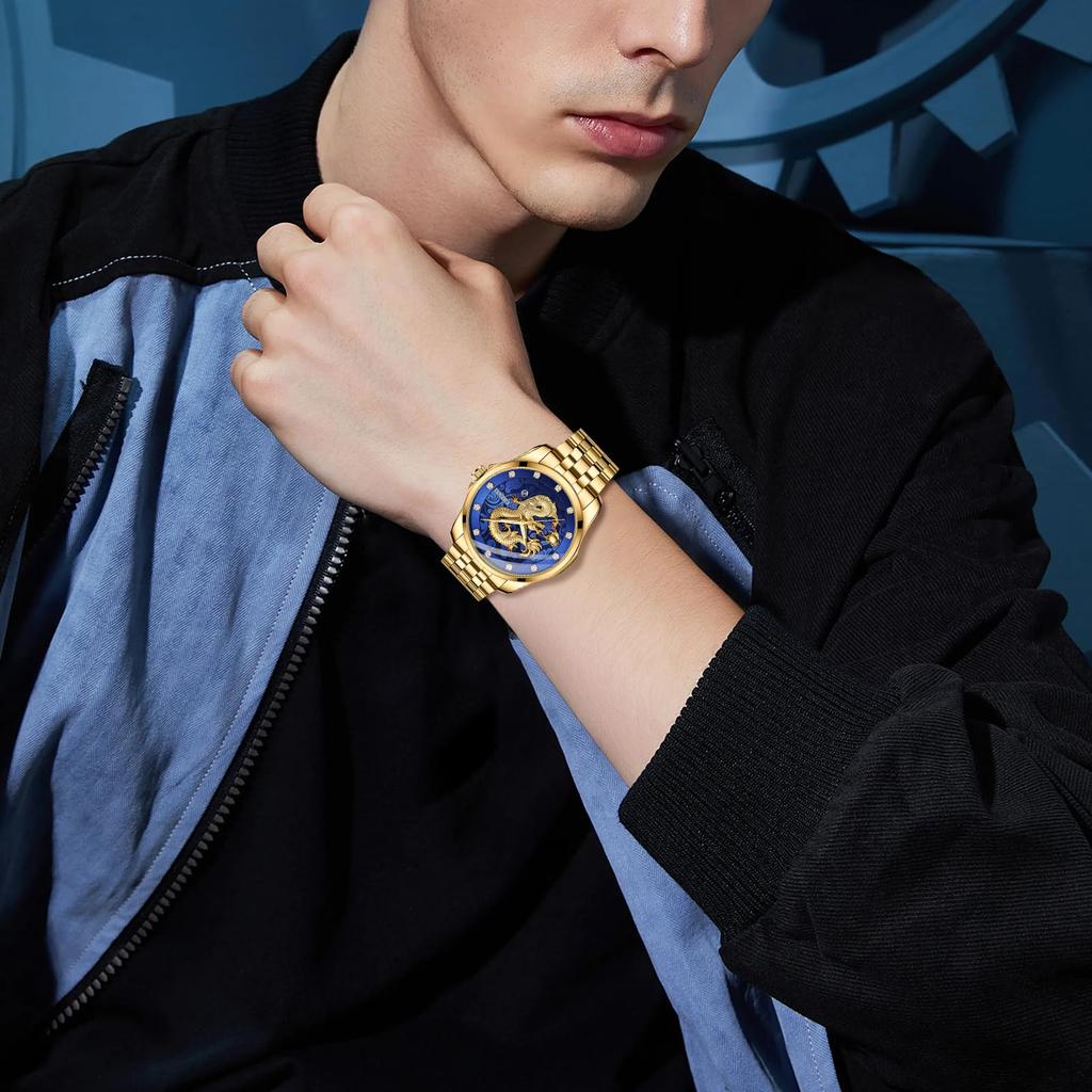 Men's Gold Dragon Watch, Stainless Steel: Luminous Analog, Calendar, Dragon, Antique Quartz Watch, 3ATM Water Resistant, Fashion Accessory - Perfect