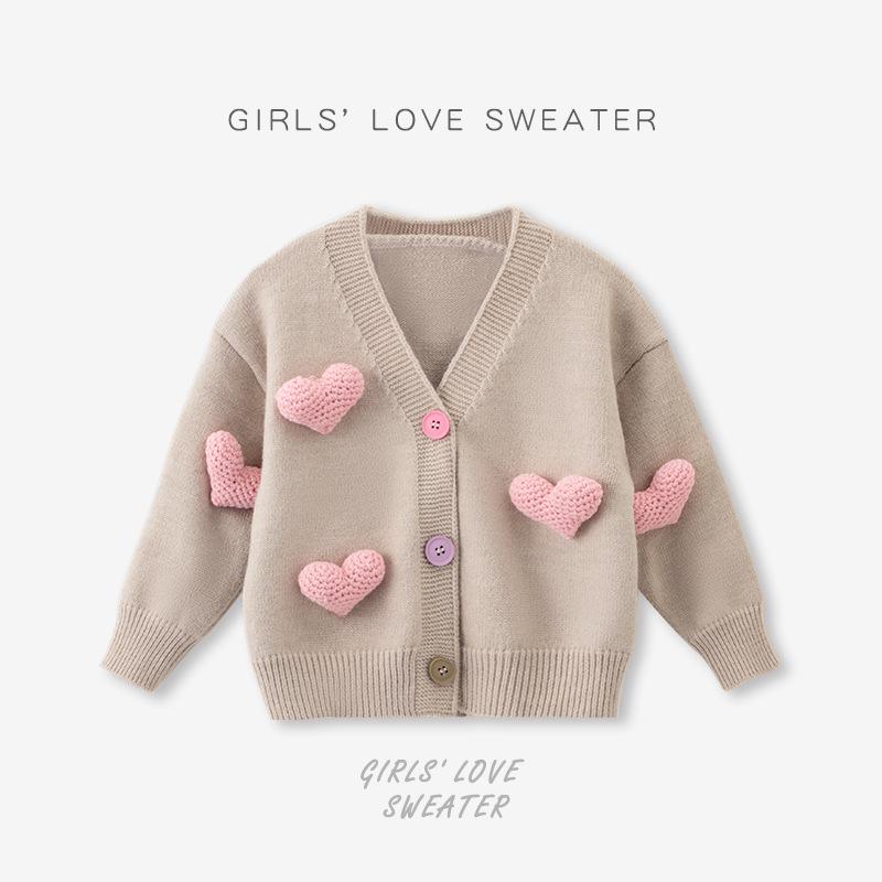 

2024 Корейский детский вязаный кардиган с 3D-сердечком - модный комплект с юбкой на весну/осень 90 cm