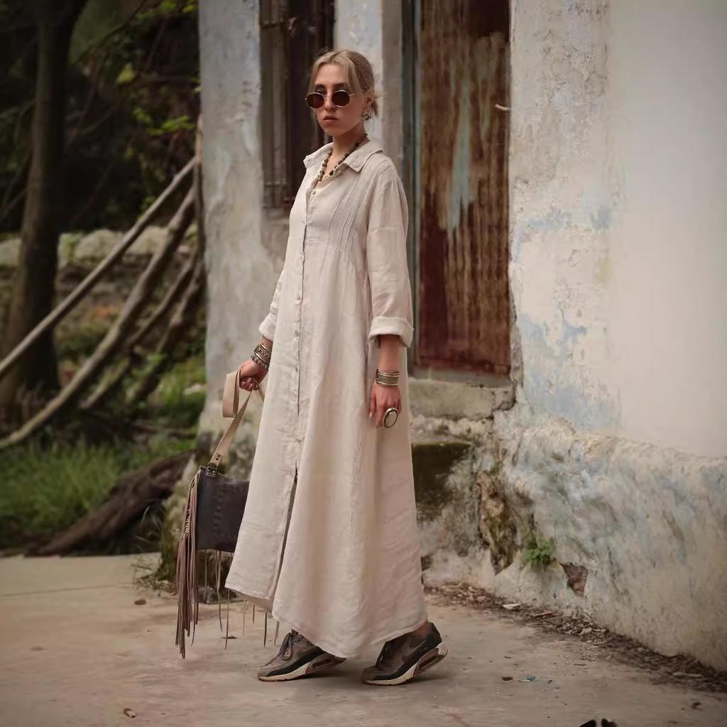 Women Long Sleeve Button Down Maxi Shirt Dress Loose Fit Casual Lapel Collar Long Robe Solid Color