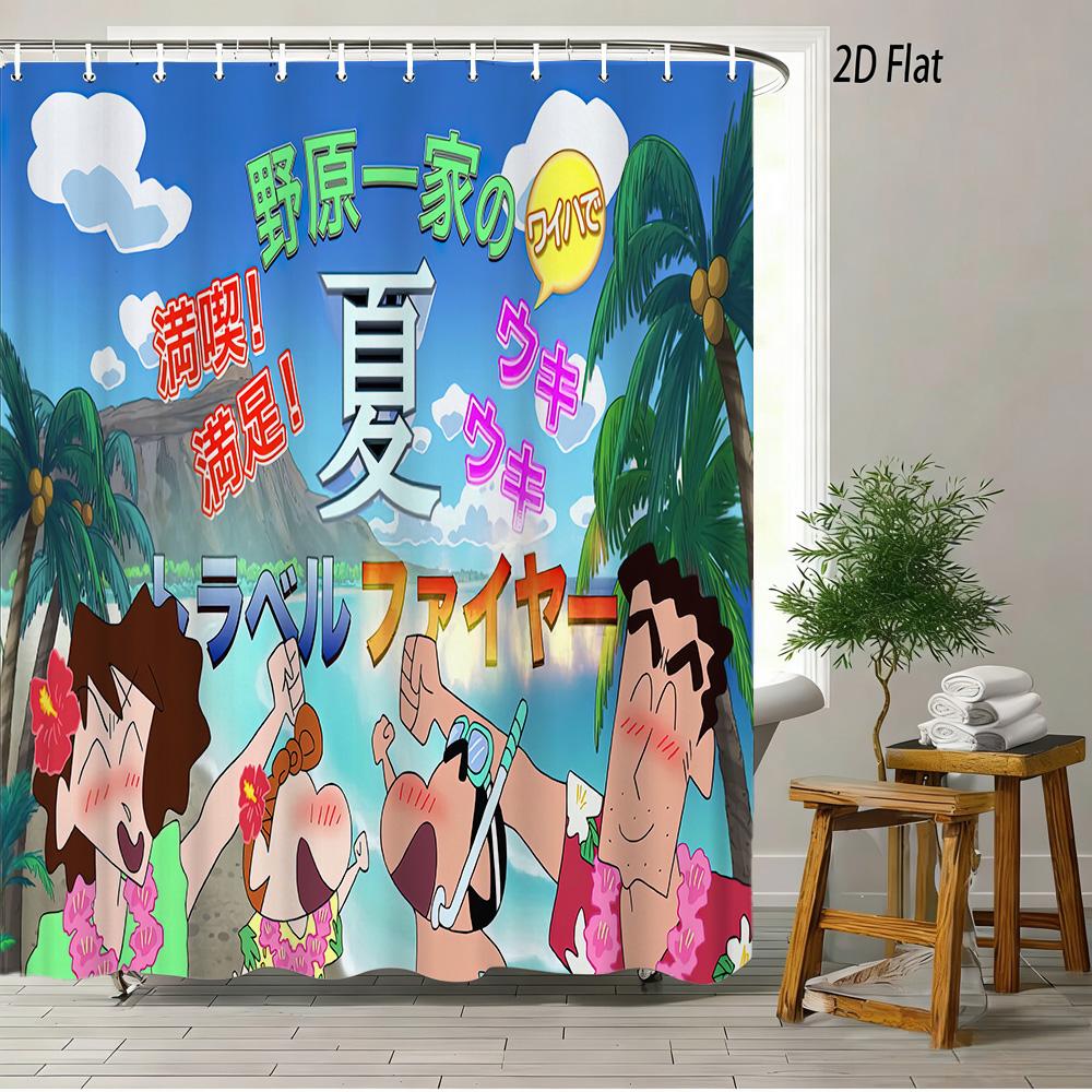 Crayon Shin-Chan Cheese & Shiro 2D Print Waterproof Shower Curtain, Cute Cartoon Bathroom Decor With Hooks