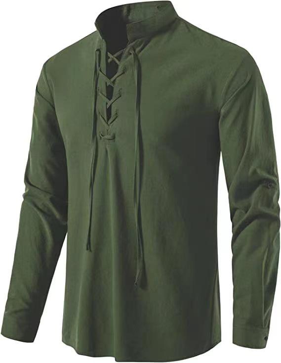 2026 Men's Cotton Henley Hippie Casual Beach Long Sleeve Stand-Up Collar Shirt A275