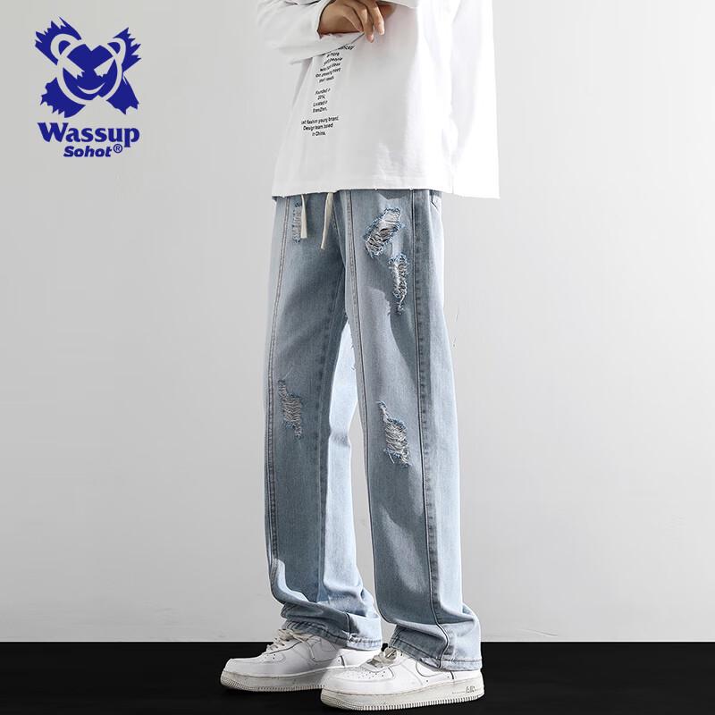 

Wassup Sohot Мужские Ретро Джинсы с Потертостями Прямого Кроя 5XL