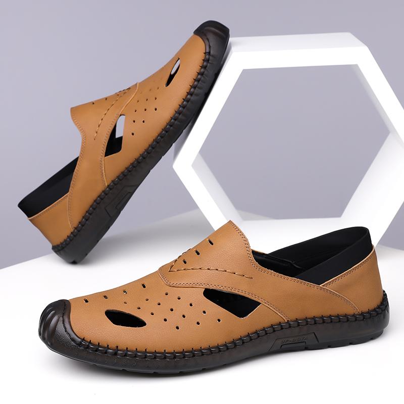 Fashion Hollow Out Leather Mens Loafers Slip on Flats Summer Casual Shoes for Men Moccasins Super Soft Men Sandals Breathable Walk Shoes