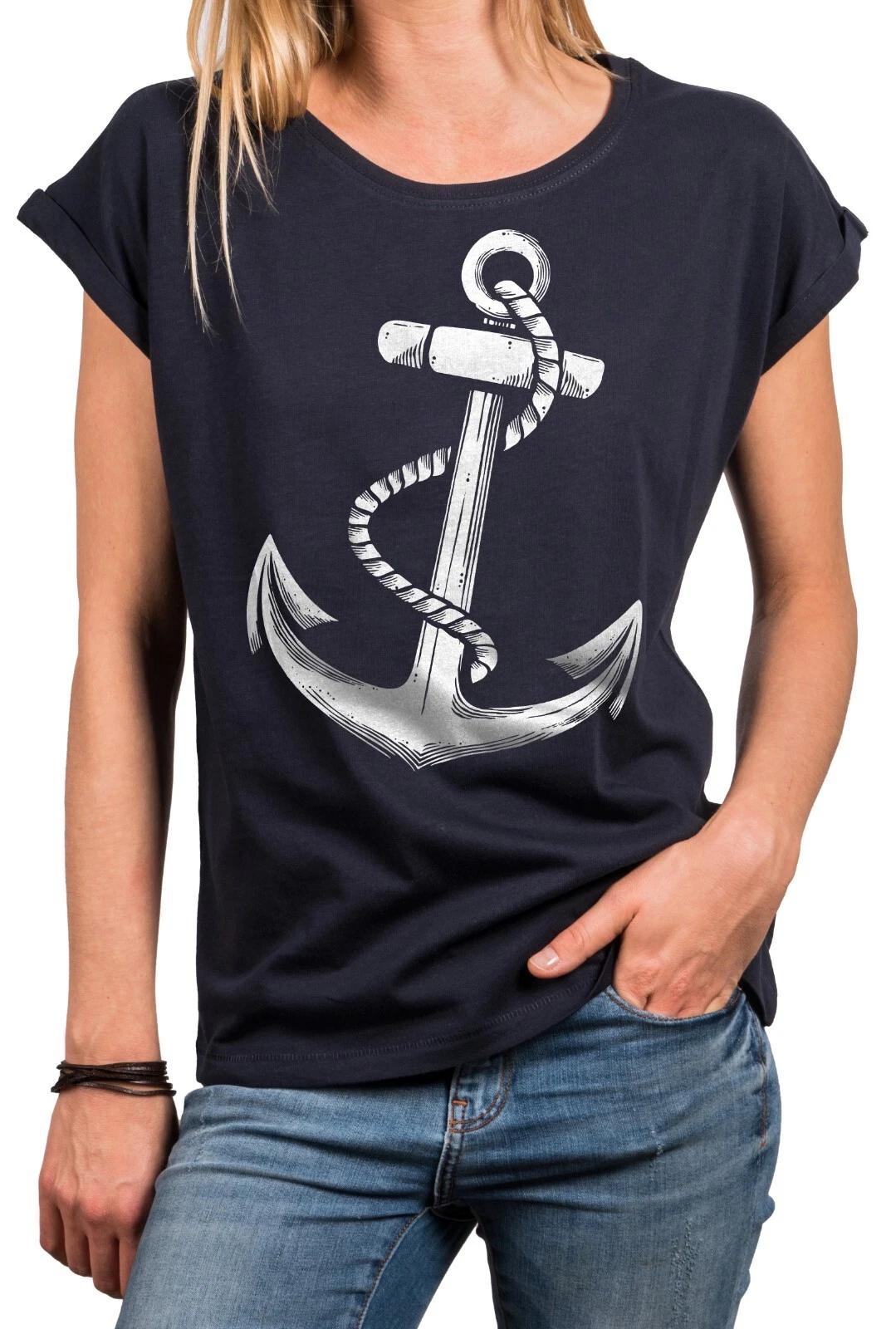 Женская рубашка с принтом якоря Женский топ Хлопковый топ с коротким рукавом Летняя туника- 3XL