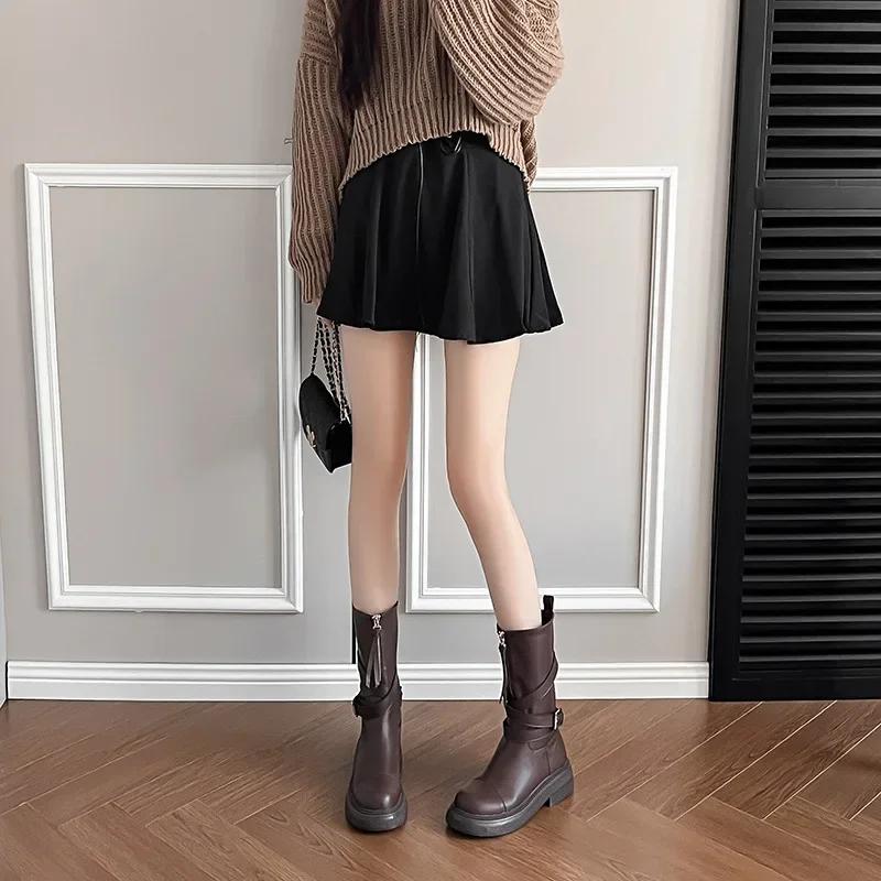 Maillard Women's Boots  Autumn Winter New Thick Soled Round Toe Mid Top Boots Retro Long Motorcycle Short Boots Botas Mujer