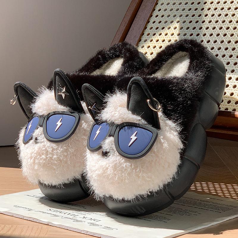

Fashion Cute Eyeglass Dog Head Fluffy Slippers Women Winter Indoor Home Thick Bottom Slippers Woman Comfort Non Slip Soft Cotton Shoes 44-45 чёрный