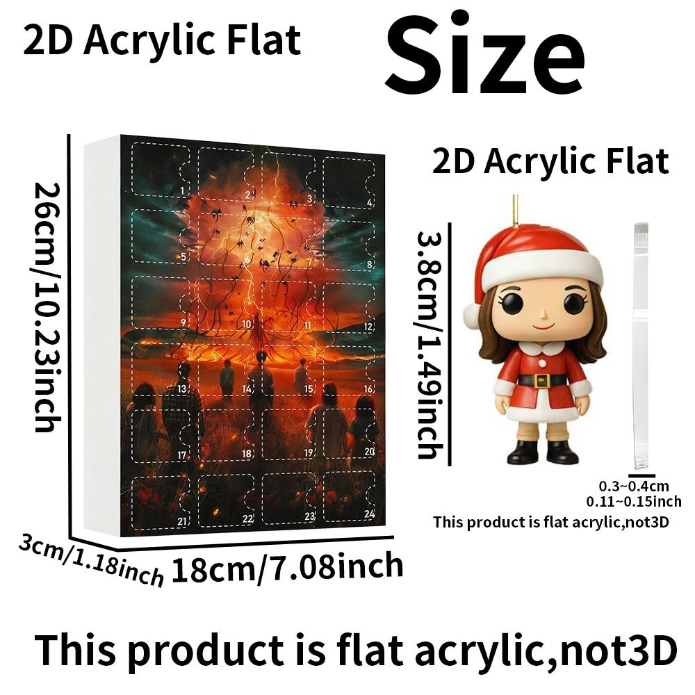 24 napos karácsonyi visszaszámláló naptár, 2D lapos Stranger karakterek és kiegészítők akasztható medál a Stranger dolgok rajongói számára