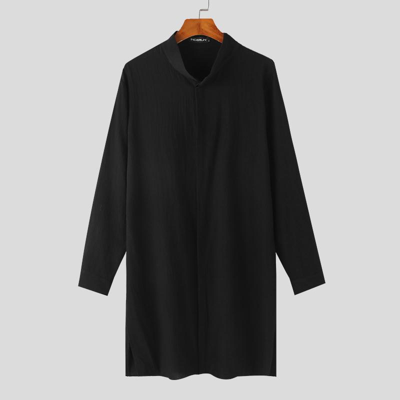 INCERUN Vintage Men Long Sleeve Solid Color Button Up Stand Collar Long Shirts