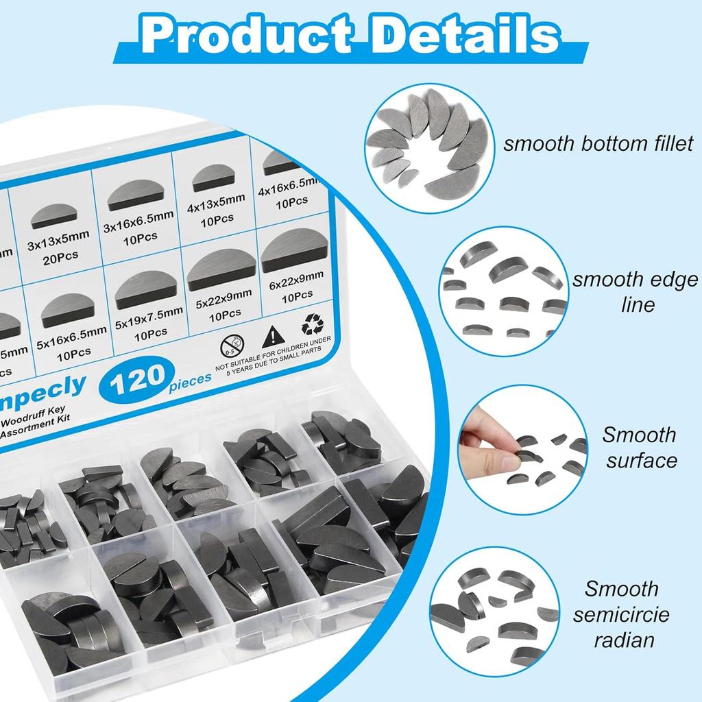 Yinpecly 120Pcs Woodruff Key Assortment Kit, 10 Popular Sizes Of Half Moon Keys, Metric Keyway And Key Stock Set,Woodruff Semicircle Key, Shaft Crank