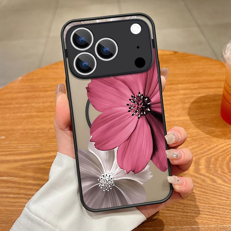 Translucent Matte Magnetic Case For iPhone 17 16 15 Pro 14 13 Pro Max 16e 17e For Magsafe Big Floral Pattern Hard PC Back Cover