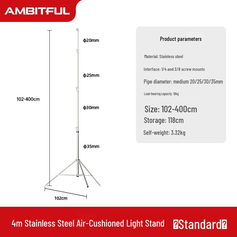 Ambitful AS-400 PRO Stainless Steel Pneumatic Light Stand for Photography and Broadcast