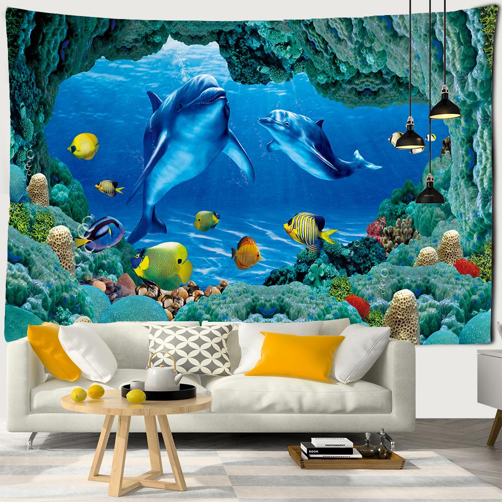 

3D-печатный гобелен Психоделический океанский мир Красивая рыба большой гобелен настенный морской декор для дома Пляжное полотенце W300xH180cm