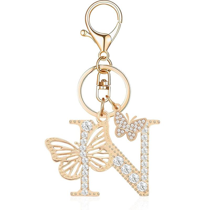 Exquisite Women Capital Letters Charms Keychain Initial 26 A-Z Butterfly Rhinestone Keyring Bag Decoration Pendant Girl Gift