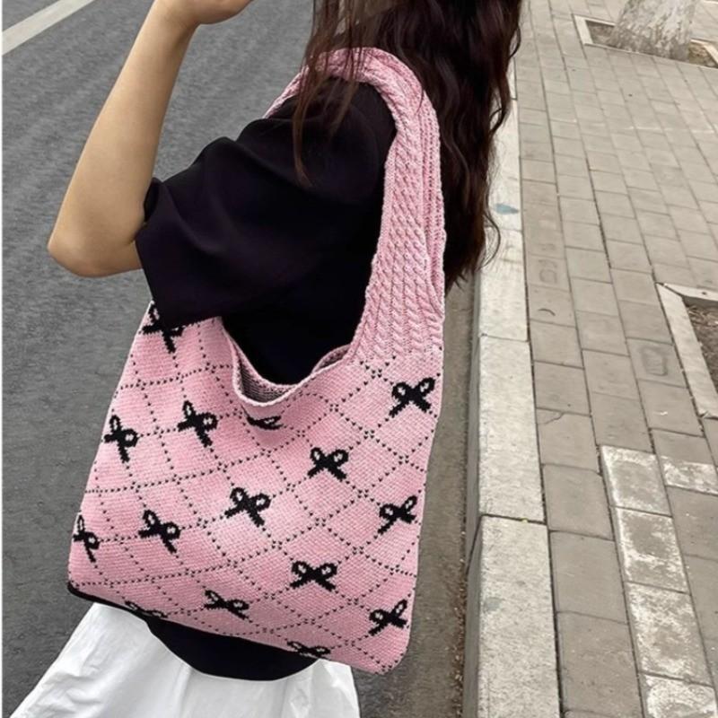 Chegada Nova 2026 Moda Ins Feminina Bolsa Tote de Tricô Grande Capacidade Padrão de Laço Bolsa de Ombro Tecida para Uso Diário