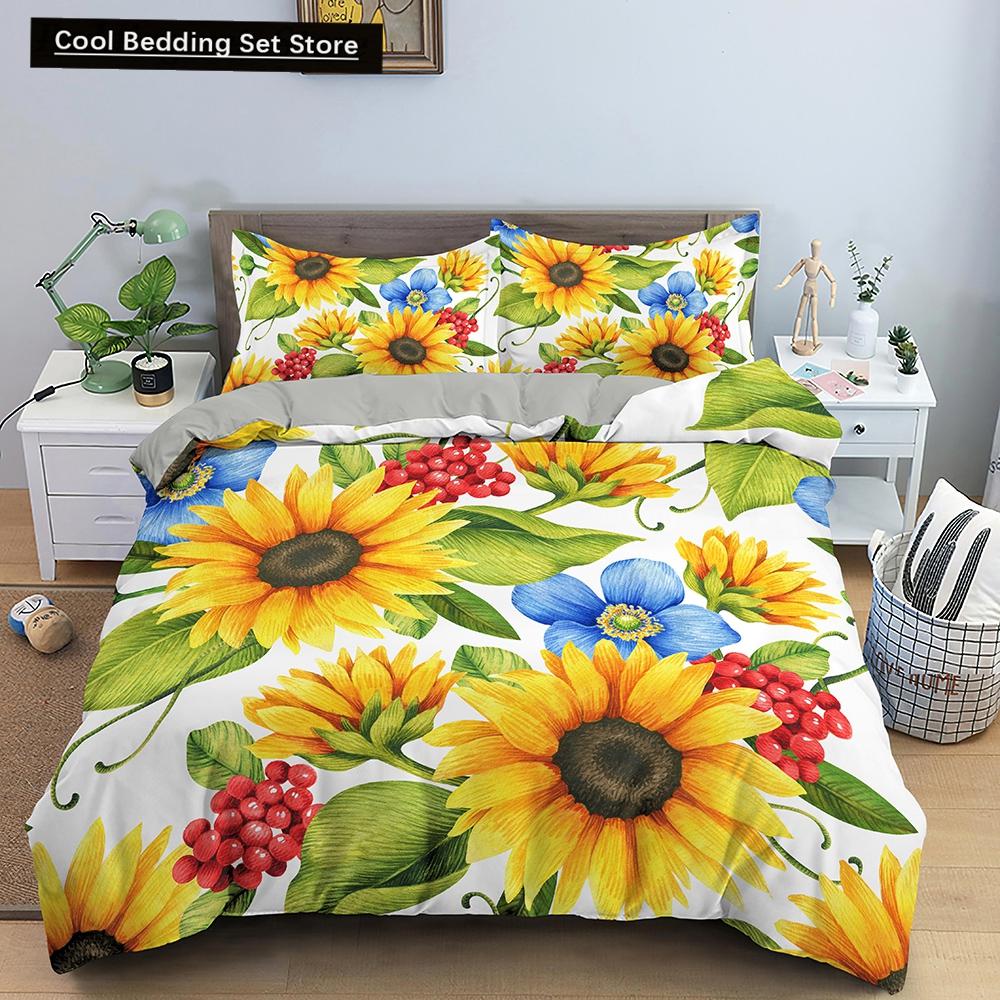 3D Sunflower King Queen Duvet Cover Yellow Flowers Bedding Set  Floral Green Leaves Comforter Cover 2/3pcs Polyester Quilt Cover