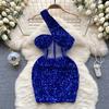 One Shoulder Mini Dress Women Shiny Sequin See-through Mesh Patchwork Slant Neck Sleeveless Cocktail Party Short Backless Sheath Slim Fit Club