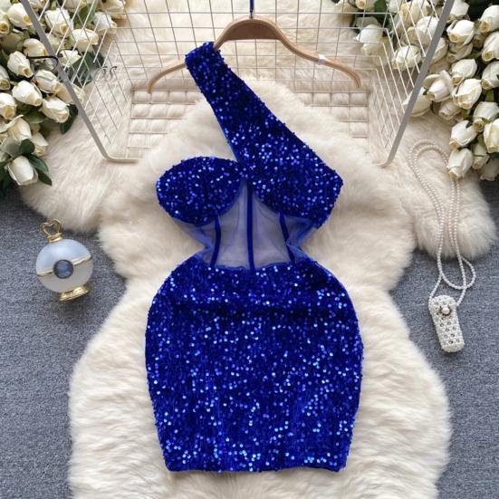 One Shoulder Mini Dress Women Shiny Sequin See-through Mesh Patchwork Slant Neck Sleeveless Cocktail Party Short Backless Sheath Slim Fit Club