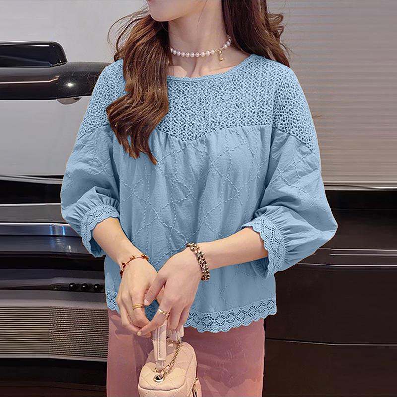 ZANZEA Women Crochet Patchwork Casual Round Neck Loose Long Sleeve Blouse