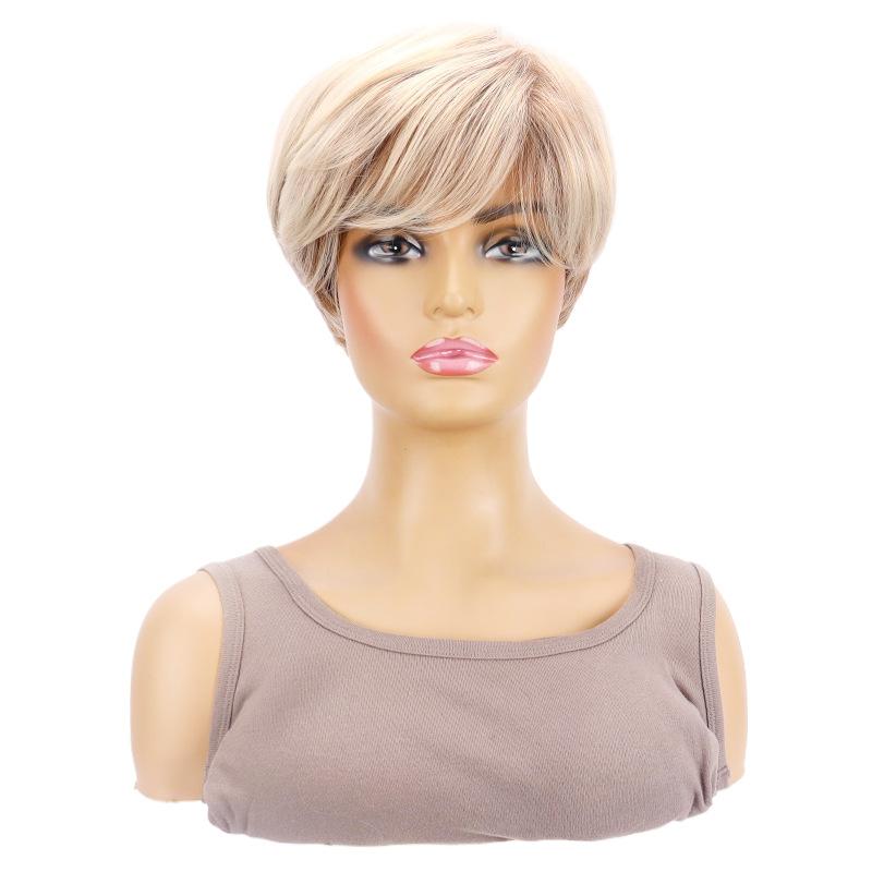 Leichte kurze gerade synthetische Perücke für Damen, Braun-Gold Seitenscheitel, Natürlicher Look, Atmungsaktive Kappe für den täglichen Gebrauch & Freizeit, Sofort lieferbar