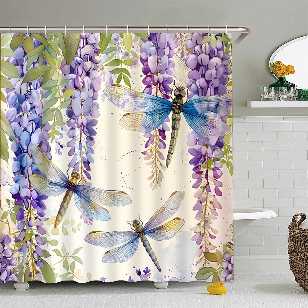 Purple Dragonfly Floral Shower Curtain Lavender Watercolor Weeping Wisteria Blossom Vine Violet Spring Flower Leaves Women Girl