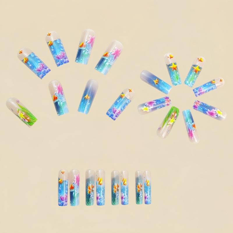 Ongle Carré Faux Clown Poisson Glacé Transparent Bleu Mer Paillettes Design Français Long Ongle à Presser Pour Fête Mariage Événement
