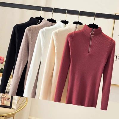 Suéter liso de otoño e invierno para mujer, jersey de punto de manga larga con cuello alto y cremallera, ropa de punto ajustada y cálida para mujer