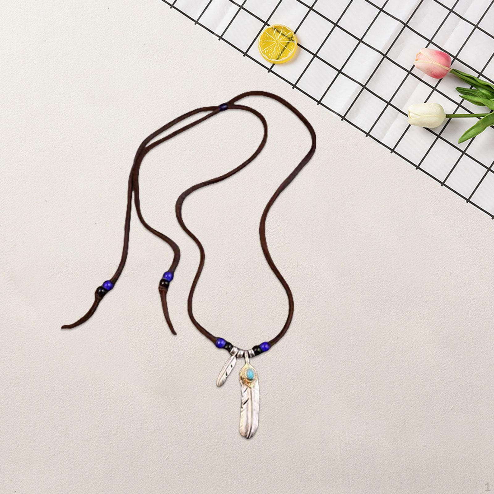 

Ожерелье с подвеской в виде пера, регулируемый шнур из искусственной кожи, ювелирное колье with blue stone