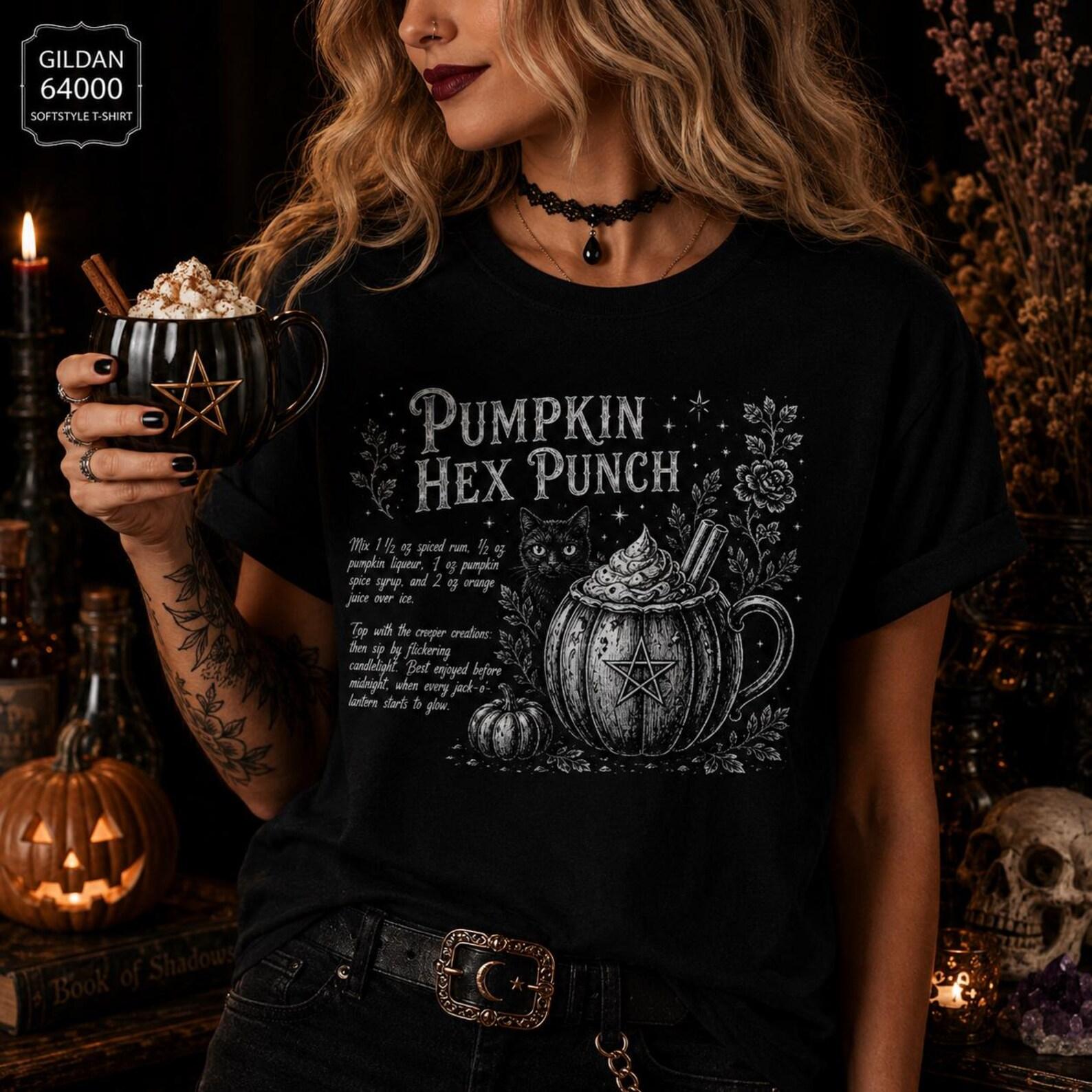 Pumpkin Hex Punch Halloween Cocktail Recipe Shirt Witchy Tee Black Cat Spooky Cocktail T-Shirt Gothic Halloween Shirt Witch Aesthetic Gift 2XL