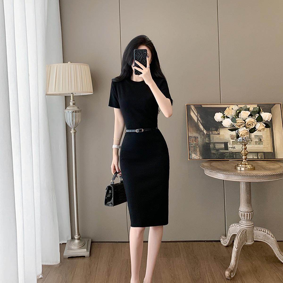 Elegant French Socialite Women s Little Black Dress: Short-Sleeve, Slim-Fit, Waist-Cinched, High-End Summer 2026 M чёрный