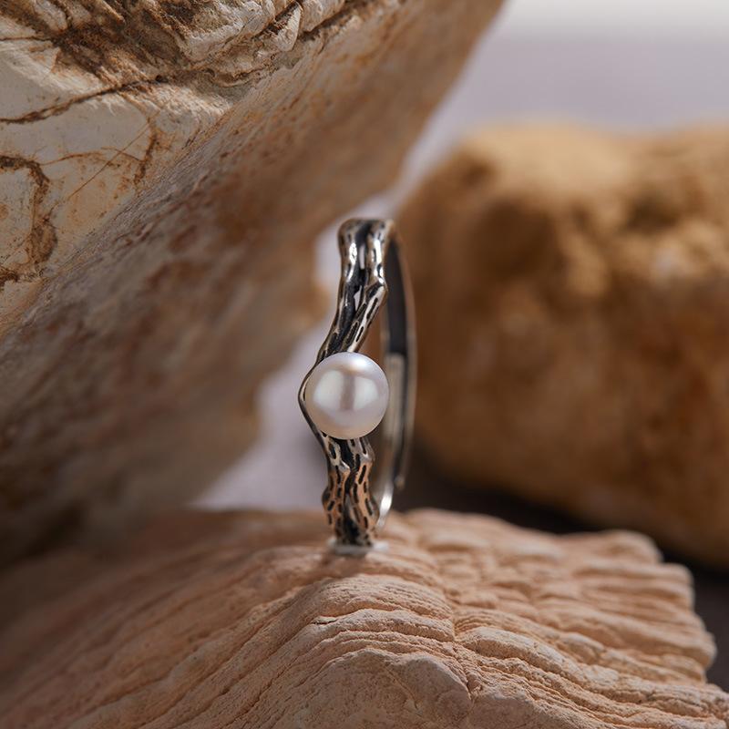S925 Natural Colored Treasure Retro Thai Silver Ring, Male And Female Couples Ring, Pearl Flower Index Finger Ring, Niche Personality Exquisite