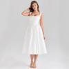 Women's Square Neck Sleeveless Midi Dress Flared Fit Adjustable Waist Pure White Corset Spaghetti Strap Back Tie Casual Party Dress