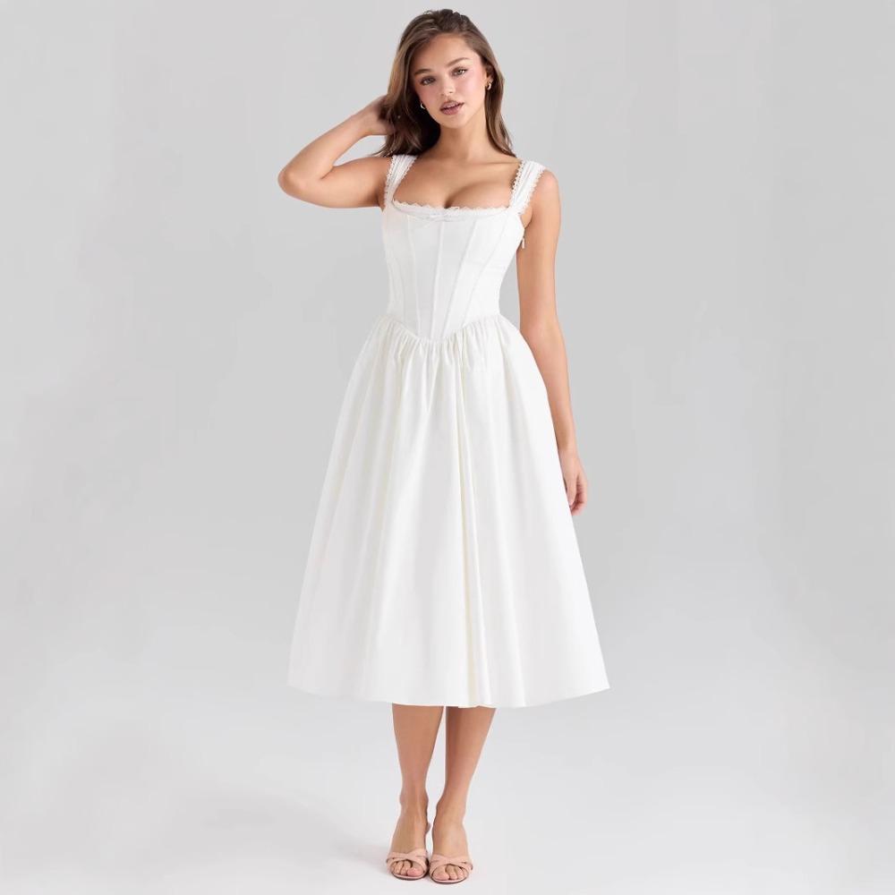 Women's Square Neck Sleeveless Midi Dress Flared Fit Adjustable Waist Pure White Corset Spaghetti Strap Back Tie Casual Party Dress